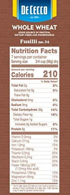 De Cecco Pasta Fusilli Whole Wheat Pasta, 13.25 oz (Pack of 5)