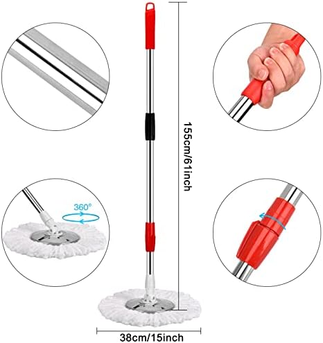 Mop and Bucket Set, 360° Spin Mop and Bucket with Wringer Set and 3 Microfiber Mop Refills, Stainless Steel 61" Extended Handle Spinning Mop Bucket System for Floor Cleaning