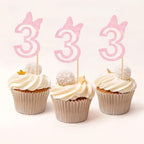 Ercadio 24Pcs Girls 3rd Birthday Cupcake Toppers Glitter Pink Bow Number 3 Cupcake Picks for Pink Bow Baby Girls 3rd Birthday Anniversary Cake Decorations Supplies