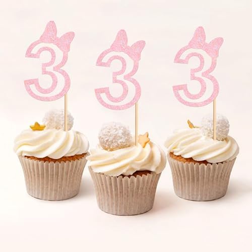 Ercadio 24Pcs Girls 3rd Birthday Cupcake Toppers Glitter Pink Bow Number 3 Cupcake Picks for Pink Bow Baby Girls 3rd Birthday Anniversary Cake Decorations Supplies