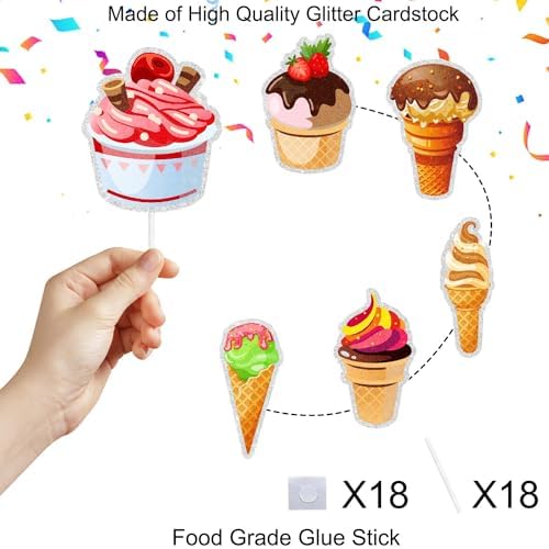 Ice Cream Cupcake Toppers 18-Piece Dessert Theme Happy Birthday Sweet Decorations, Kids Dessert Theme Party, Baby Shower, or Boys and Girls Birthday Party Decorations. SugarGera