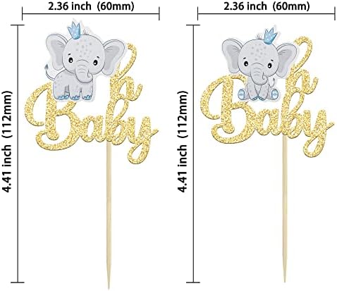 Gyufise 24Pcs Blue Elephant Oh Baby Cupcake Toppers Gold Glitter It's a Boy Cupcake Picks Gender Reveal Cake Decorations for Elephant Theme Baby Shower Kids Boys Birthday Party Cake Decorations