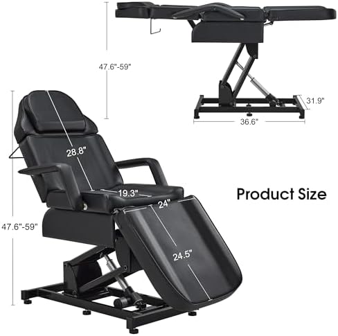 BarberPub Fully Electric Facial Bed with 3 Motor for Esthetician, Electric Tattoo Chair for Client, Facial Bed for Esthetician, Electric Adjustment 2751 (Black, Height (Flat): 25.2"–37")