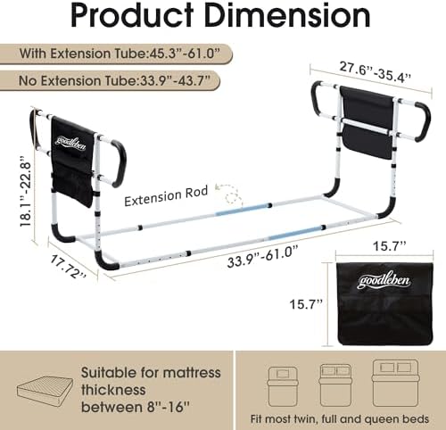 Double Bed Rail for Elderly Adults Safety, Adjustable Bed Assist Rail, Dual Side Bed Rail for Seniors Safety, Under Mattress Bed Guard Rail for Fall Prevention, Fits Twin/Full/Queen Beds