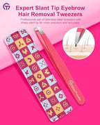 Expert Eyebrow Hair Removal Tweezer with Leather Case, GlamTweeler High Precision Slant Tip Stainless Steel Tweezers for Men and Women (Hot Pink)
