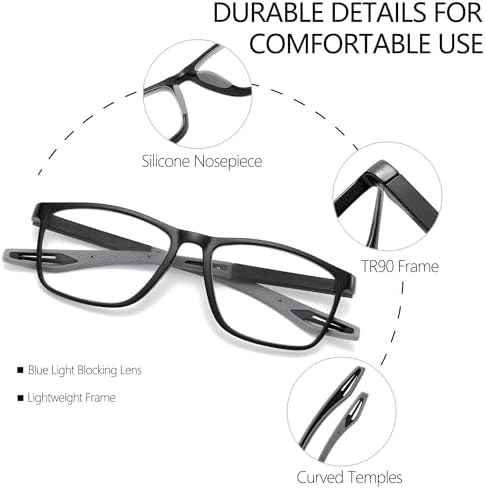 Reading Glasses for Men Sporty Design TR90 Blue Light Blocking Reader Comfortable and Flexible Lightweight +1.75