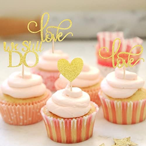 24 Pack We Still Do Cupcake Toppers Glitter Love Heart Marriage Anniversary Cupcake Picks Bridal Shower Wedding Engagement Birthday Cake Decorations Supplies Gold