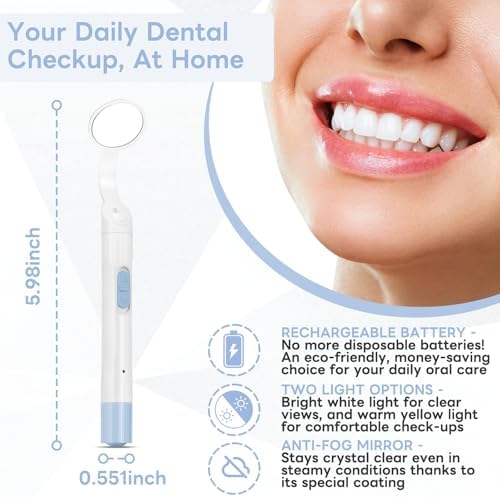 InhwRior Rechargeable LED Dental Mirror with USB Charging Function, Anti-Fog Mirror Surface, White & Yellow Dual Lighting, Detachable Design for Easy Cleaning(Blue)