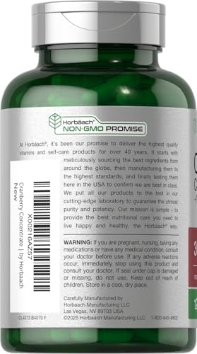 Horbäach Cranberry Concentrate Extract Pills + Vitamin C | 120 Capsules | Supplement for Women and Men | Triple Strength Ultimate Potency Formula | Non-GMO and Gluten Free