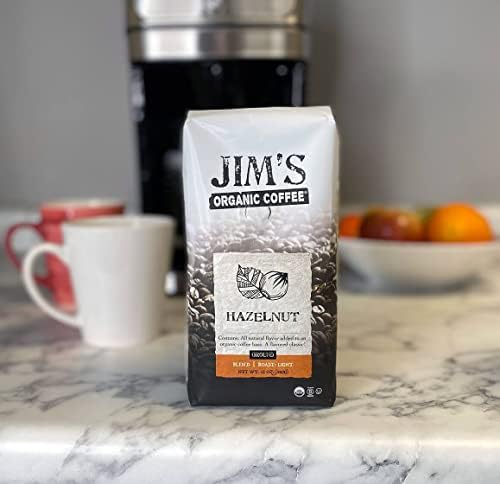 Jim’s Organic Coffee – Hazelnut, All Natural Flavored Blend – Light Roast, Ground Coffee, 12 oz Bag