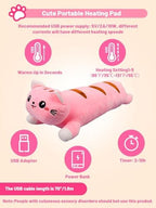 20" Pink Cat Heating Pad for Period Cramps USB Portable Electric 5 Heat Settings 5 Timer Modes Auto Shut Off Plush Stuffed Animal Warmer for Neck Back Pain Relax for Women Kids