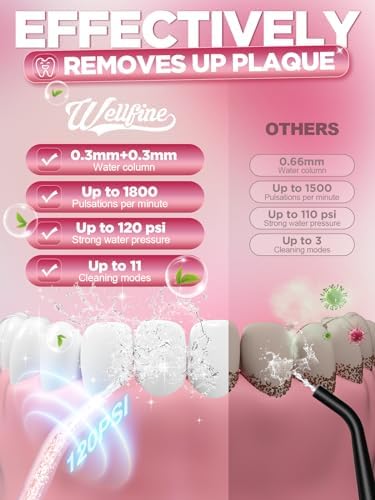 WELLFINE Water Dental Flosser Teeth Pick: Portable Cordless 4 Modes Flossers Pic 300ML Rechargeable Floss Pik Powerful IPX7 Waterproof Oral Irrigator for Cleaning Gum Care Braces for Home Travel