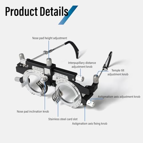 Adjustable Optical Trial Lens Frame, PD 48-80mm, Lightweight Alloy Optometry Frame with Adjustable Temples, Nose Bridge, and 4-Slot Insert Lense