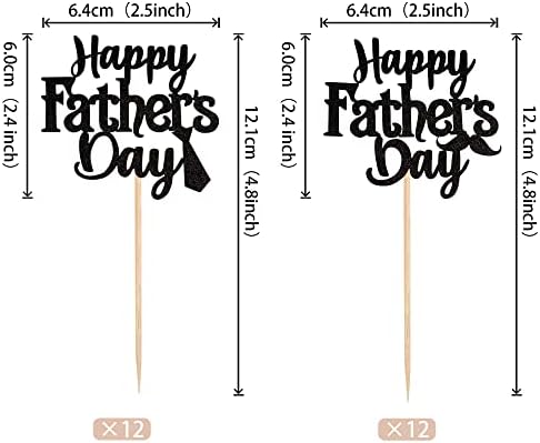 24 PCS Happy Father's Day Cupcake Toppers with Glitter Moustache Tie Super Best Dad Cupcake Picks for Happy Father's Day Theme Men Birthday Party Cake Decorations Supplies Black