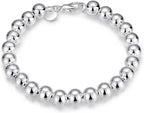 925 Sterling Silver Beaded Bracelet, Round Ball Chain, Lobster Clasp