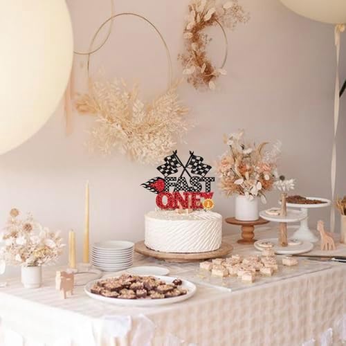 1 Pack Fast One Birthday Cake Topper Glitter Flag Racing Car Cake Pick for Let's Go Racing Theme Boys Girls Kids 1st Birthday Party Cake Decorations Supplies