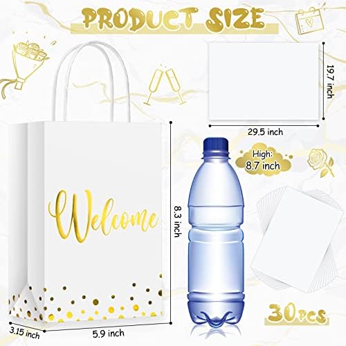 30 Pcs Welcome Gift Bags with Tissue Paper Gold Welcome Wedding Bags with Handle Kraft Paper Tote for Business, Birthday, Shopping, Wedding, Baby Shower, Party Favors(White)