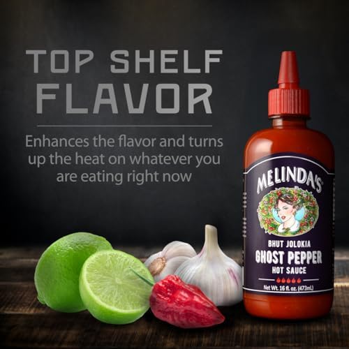 Melinda’s Ghost Pepper Hot Sauce - Gourmet Extra Spicy Hot Sauce - Made with Fresh Ingredients, Ghost Peppers (Bhut Jolokia), Habanero Pepper, Carrot, Garlic, Lime Juice - 16oz Squeeze, 1 Pack
