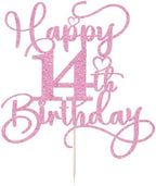 Pink Happy 14th Birthday Cake Topper 1pcs Glitter Cake Topper for fourteen Birthday/Anniversary Theme Party Cake Decorations Supplies