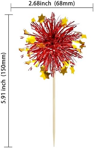 Ephlyn 30Pcs Foil Firework Cupcake Toppers Party Birthday Cake Toppers Supplies Sparkle Tinsel Cocktail Fruit Toothpick for Birthday Wedding Graduation Party Red