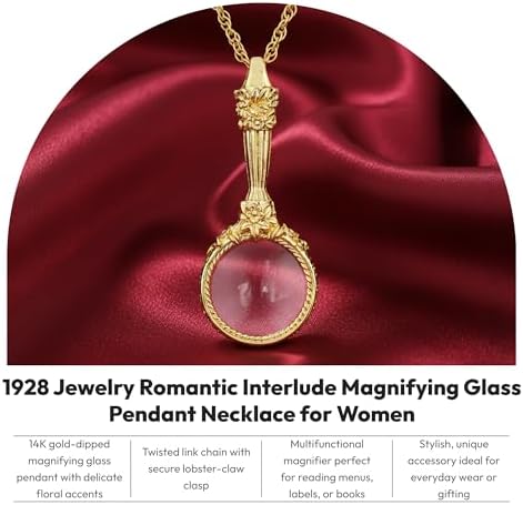1928 Jewelry Romantic Interlude Magnifying Glass Pendant Necklace For Women 30 Inch Long - Magnification Power: 4-5X, Multifunctional Magnifier Perfect For Reading Menus, Labels, Books, Made In USA