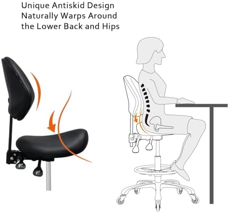 Saddle Stool Chair with Back Support Footrest, Heavy-Duty(350LBS), Hydraulic Rolling Swivel Adjustable Stool Chair for Salon Spa Beauty Massage Dental Clinic Home Office Use(Black)