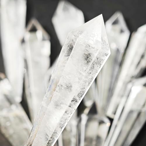 Natural White Crystal Tower Amethyst Pendulum Wand Home Decoration Rock Quartz Wand Single Point Polished Obelisk Energy Balancing Gift（Six-Sided Crystal Pendulum 7pcs Set）