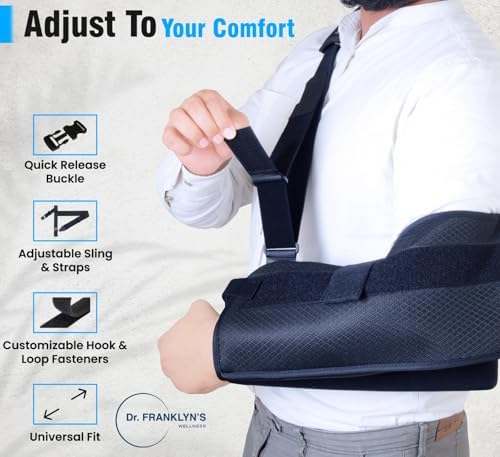 DR FRANKLYN'S Arm Sling Shoulder Immobilizer for Rotator Cuff Pain Relief, Surgery & Broken Arm- Shoulder Abduction Pillow for Injury Support - Brace Includes Pockets-Foam Stress Ball and Wedge