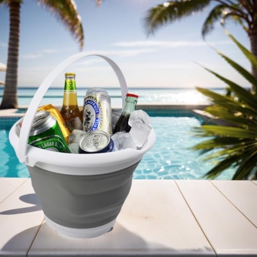 SAMMART 8.5L (2.2 Gallon) Collapsible Plastic Bucket - Foldable Round Tub - Portable Fishing Water Pail - Space Saving Outdoor Waterpot. Size 31cm Dia (White/Grey, 1)