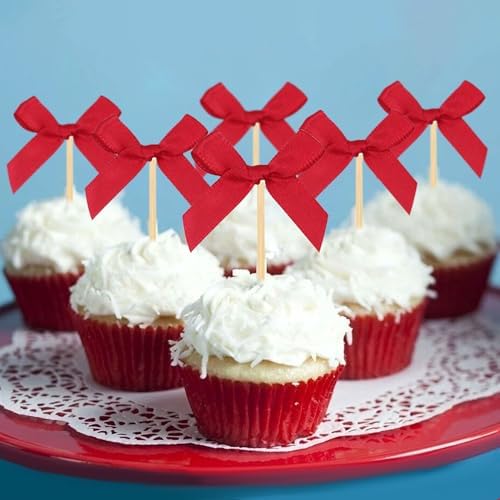 24Pcs Red Bow Cupcake Toppers Coquette Bows Cupcake Picks for Birthday Wedding Party Decor Red Ribbon Bowknot Cupcake Decorations Bridal Baby Shower Party Supplies