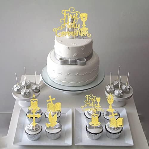 25 PCS First Holy Communion Cupcake Toppers Gold Glitter First Communion Cake Topper God Bless Dove Cross Cupcake Picks God Christian Baptism Theme Baby Shower Birthday Party Cake Decorations Supplies