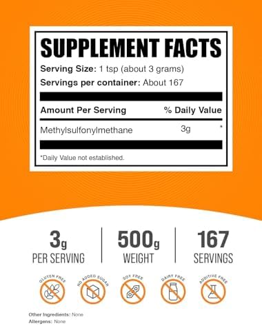 BulkSupplements.com MSM Powder - Methylsulfonylmethane, MSM Supplement, Nutritional Supplement - Gluten Free, 3g per Serving, 500g (1.1 lbs) (Pack of 1)