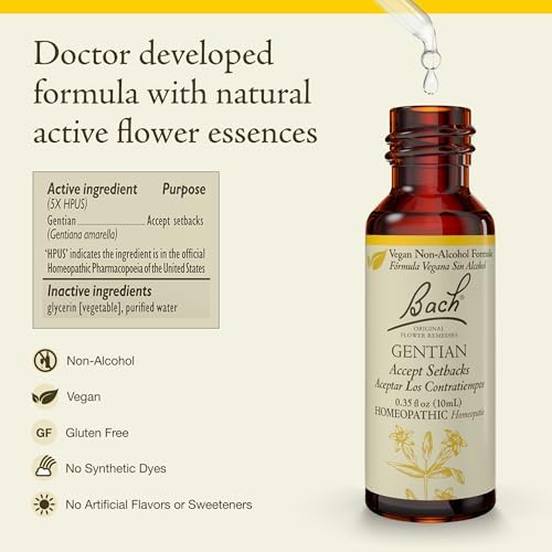 Bach Original Flower Remedies, Gentian (Non-Alcohol Formula) - Accept Setbacks - Natural Homeopathic Flower Essence for Emotional Balance - Vegan, Gluten Free, Sugar Free - 10mL Dropper
