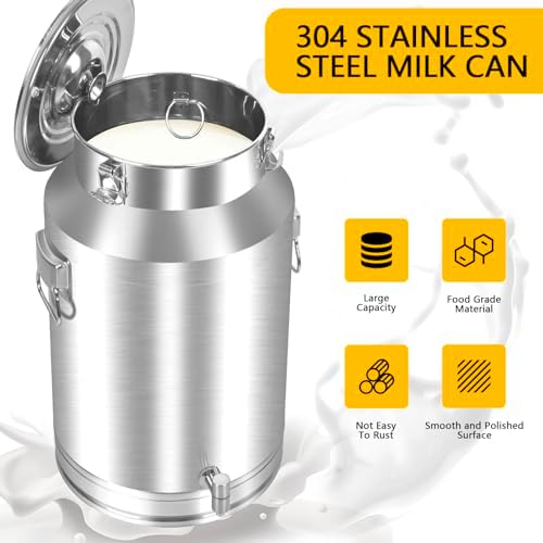 304 Stainless Steel 60 Liter Milk Can Milk Bucket Wine Pail Bucket with Spigot 15.85 Gallon Milk Can Tote Jug with Sealed Lid Heavy Duty for Milk and Wine (60L)