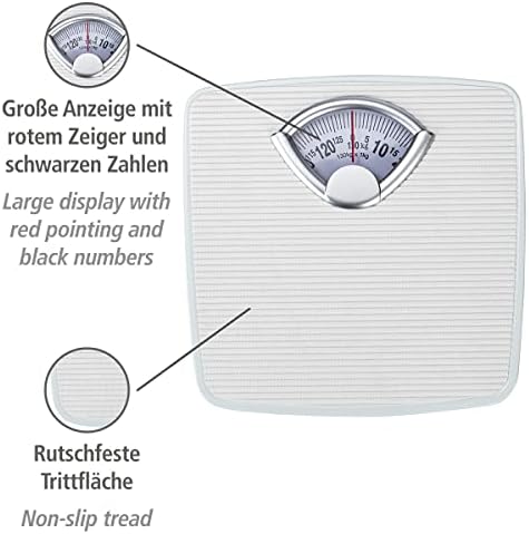 WENKO Mechanical, Precise, Analog Body Scale with Large Scale and Non-Slip Tread, Measuring Range up to 130 kg in 1 kg Steps, Metal housing in White, 27 x 4.5 x 26.5 cm