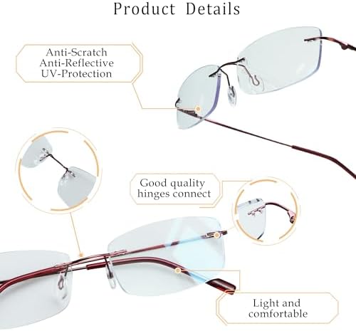 LifeArt Blue Light Blocking Computer Reading Glasses,Men's and Women's Rimless Frame (Red, +1.00 Magnification)