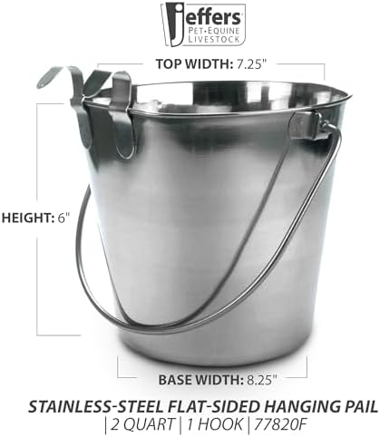 Jeffers Flat Sided Stainless Steel Pails with Handle & 1 Hook – Dishwasher Safe, Durable Feeding & Milk or Water Buckets for Pet, Horse. Livestock & Farm Use for Kennel, Cage, Fence - 2 Quart