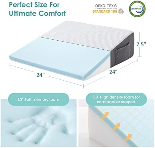 Cozymaker 7.5" Bed Wedge Pillow for Sleeping After Surgery, Back Support, Leg Elevation, Gerd Acid Reflux, Neck Pain, Snoring, Cooling Memory Foam Triangle Incline Wedge, Removable Washable Cover