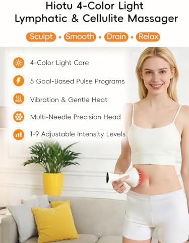 Lymphatic Drainage Massager for Body Sculpting & Cellulite – Body Sculpting Machine & Anti Cellulite Massage Tool for Stretch Marks with 4-Color Light, Pulse, Heat & Vibration for Waist, Legs & Arms