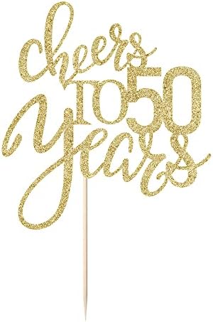 Gold Glitter Cheers to 50 years Cake topper, Happy 50th Birthday Cake Decorations,Perfect for 50 Years Cake Decorating,Wedding/Anniversary Party Decorating supplies. (Gold 5)