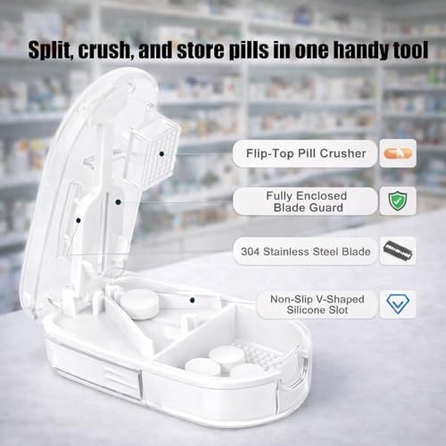 Pill Cutter and Crusher, Tablet Splitter for Small and Tiny Pills, Professional Medicine Cutter for Large Tablets, 1/4 Dose Divider,Portable Divider for Travel Use– Transparent White
