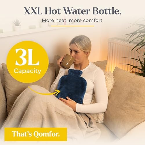 Qomfor XXL Large Hot Water Bottle with Faux Fur Cover – Cozy 3L Hot Water Bottle for Bed Warming, Pain Relief, Cramps & Back Pain – Durable, Safe, & Long-Lasting Water Hot Bottle for Sleeping (Blue)