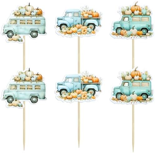 Ephlyn 36Pcs Pumpkin Truck Cupcake Toppers Fall Harvest Pumpkin Truck Cupcake Picks for Fall Harvest Theme Thanksgiving Party Birthday Decorations Supplies Blue