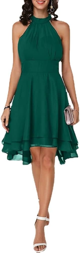 Women's Dress Elegant Halter Sleeveless Cropped Layered Midi Dress Summer Chiffon Solid Color High Waist Slim-Fit Party Dresses (Green,XL)