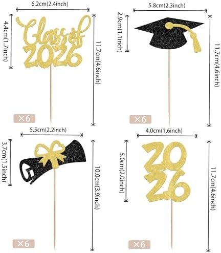 24 PCS 2026 Graduation theme Cupcake Toppers Glitter Congrats Grad Diploma 2026 Graduation Cap Cupcake Picks Class of 2026 Cake Decorations for 2026 Graduation Theme Party Supplies Gold