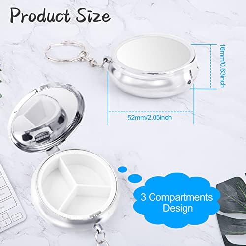 6 Pack Metal Pill Case Round Medicine Holder Container Keychain Mini Drug Tablet Organizer Box with 3 Compartments for Pocket Purse Travel Outdoor Daily