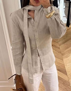 BAIMORE Women's Fashion Elegant Scarf Collar Button Tie Waist Linen Blend Long Sleeve Shirt Suitable for Going Out or Working