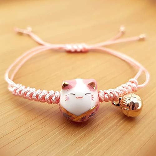 Omky Lucky Cat Maneki Neko Bacelet Adjustable | 6 Colors | Ceramic Bead (Pink)