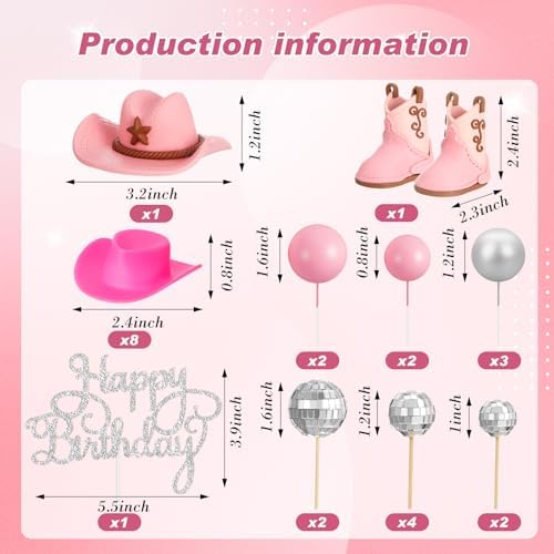 RoundFunny 26 Pcs Cowgirl Cake Decorations Cowgirl Cake Topper Disco Decorations Hat Topper Western Cowboy Birthday Baby Shower for Western Theme Party Supplies(Pink,Cute)