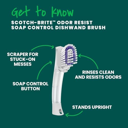 Scotch-Brite Odor Resist Soap Control Dishwand Brush, Non-Scratch Cleaning Brush with Scraper, Stands Upright, 4-Pack